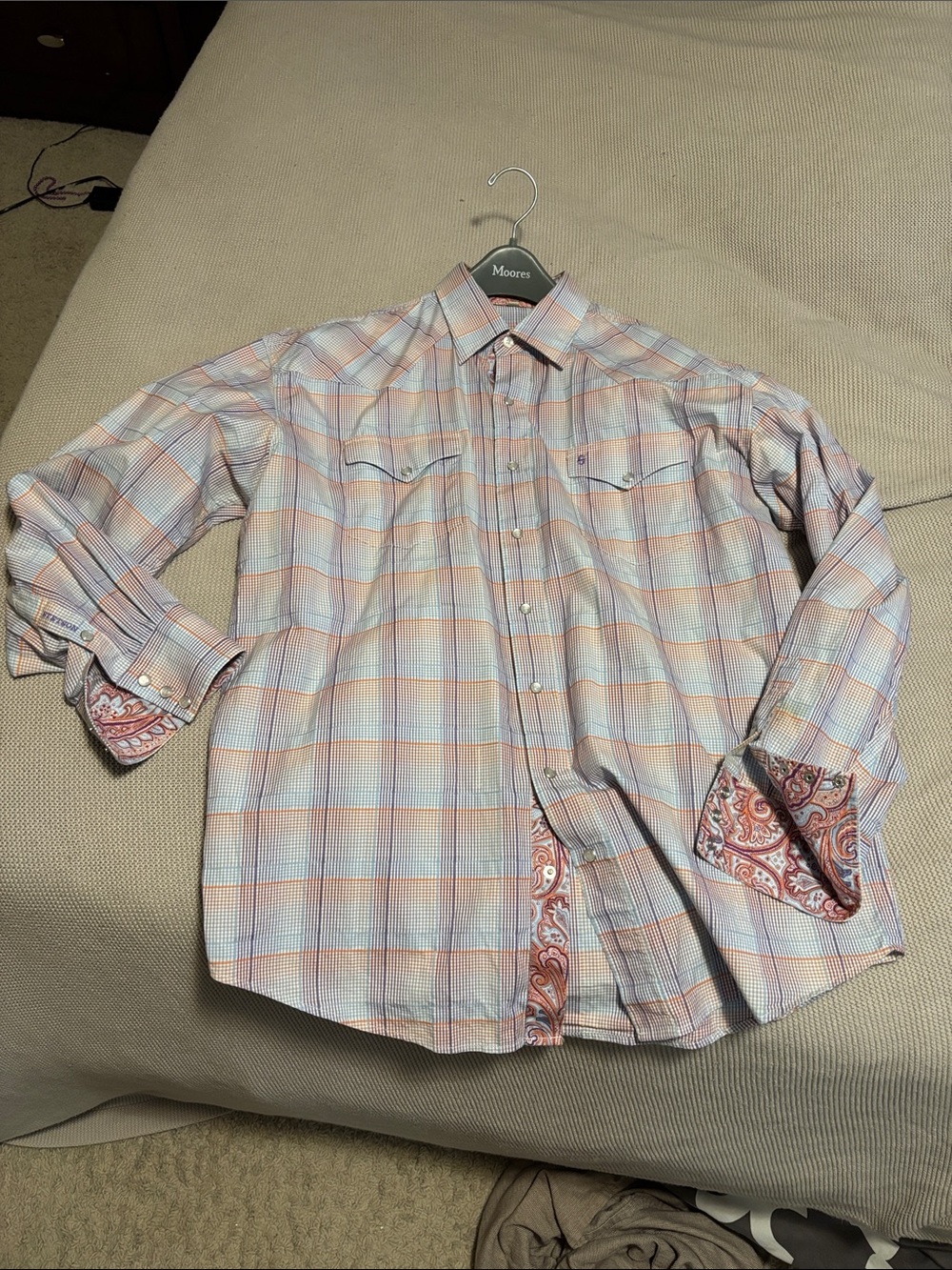 Stetson - Men's Plaid Button-Down Shirt in Pastel Peach & Blue
